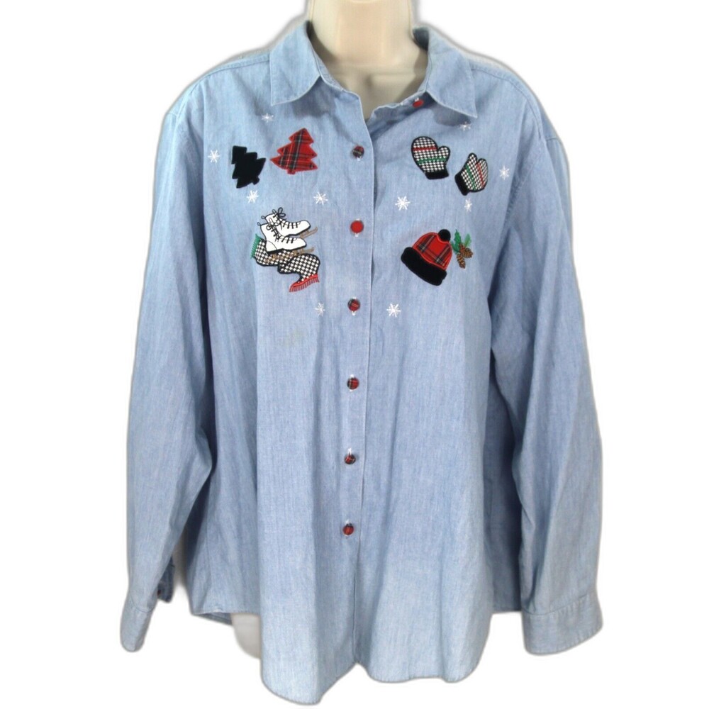 Talbot’s Women's Chambray Shirt XL Appliqued Winter Designs Covered Buttons